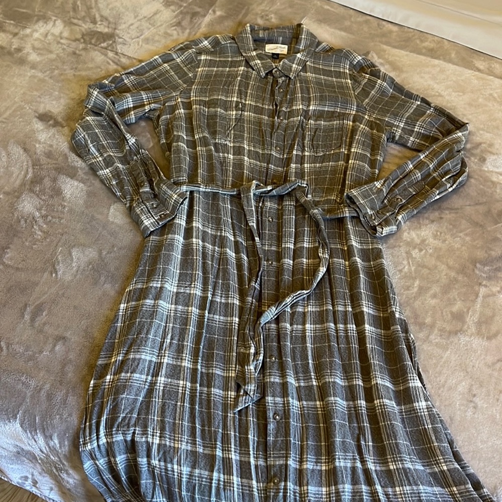 Long Flannel Button Down Dress XL